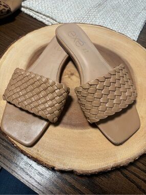 REAL LEATHER EXE Braided Slide Mules in Taupe